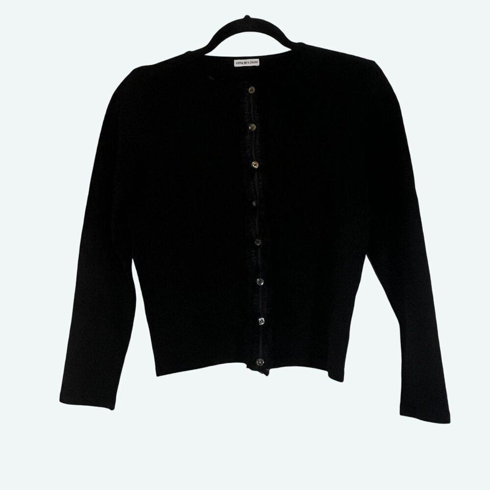 Ana Molinari Wool Blend Black Cardigan Lace Ruffle Placket Size 38/‎ XS